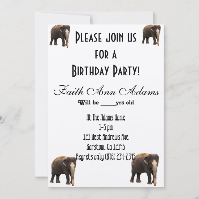 Invitación Fiesta de Cumpleaños Estampado de Elefante Aziza S (Anverso)