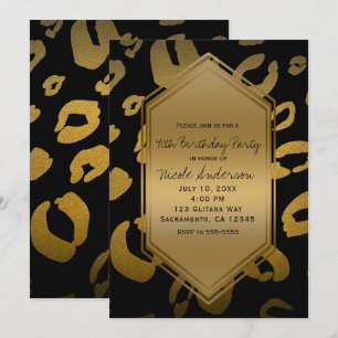 Invitación Fiesta de Cumpleaños Estampado Leopardo Oro Negro 