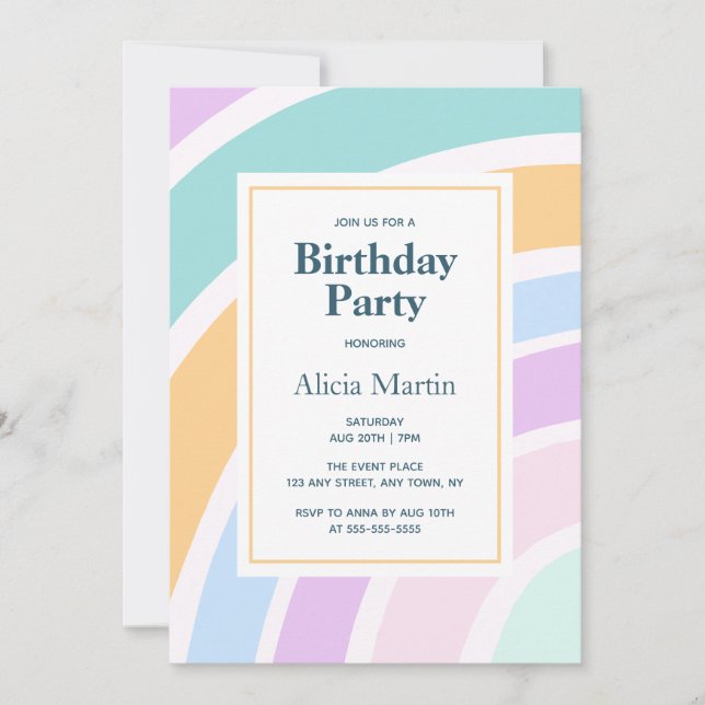 Invitación Fiesta de cumpleaños estilo arcoiris del Pastel Mo (Anverso)