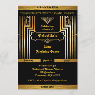 Invitación Fiesta de cumpleaños, estilo Gatsby, Art Déco, neg
