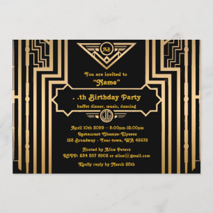 Invitación Fiesta de cumpleaños, estilo Gatsby, Art-Deco, oro
