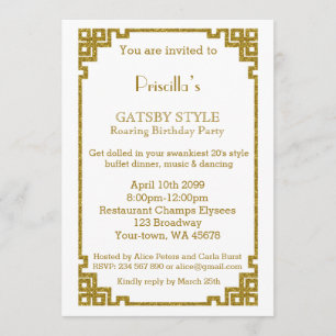 Invitación Fiesta de cumpleaños, estilo Gatsby, blanco y oro