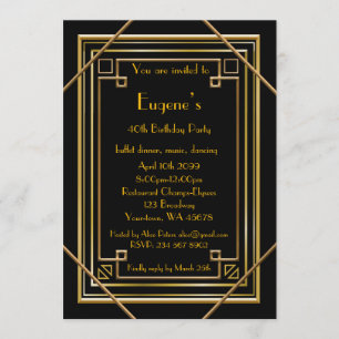 Invitación Fiesta de cumpleaños, estilo Gatsby dorado, negro