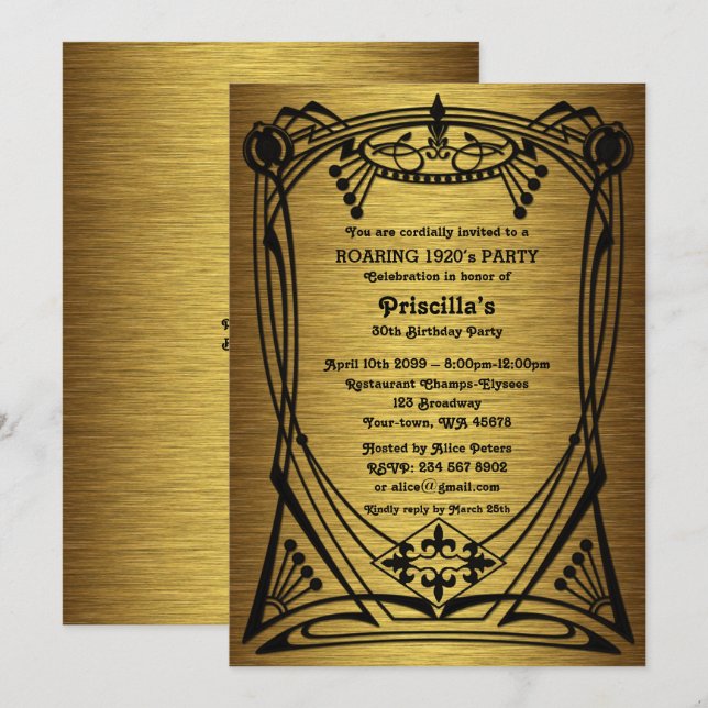 Invitación Fiesta de cumpleaños, estilo Gatsby, negro dorado, (Anverso / Reverso)