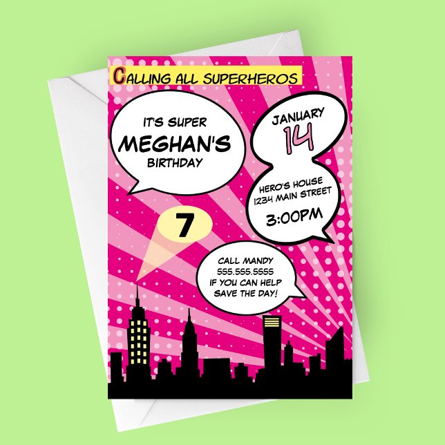 Invitación Fiesta de cumpleaños estilo libro de historietas r (Pink Comic Book Superheros Birthday Party Invitation)