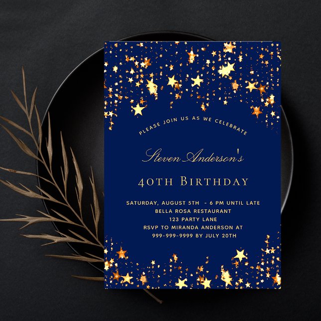 Invitación Fiesta de cumpleaños estrellas de oro azul marino (Subido por el creador)