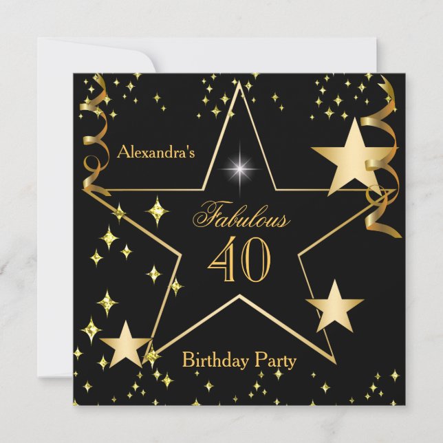 Invitación Fiesta de Cumpleaños Estrellas de Oro Negro Elegan (Anverso)