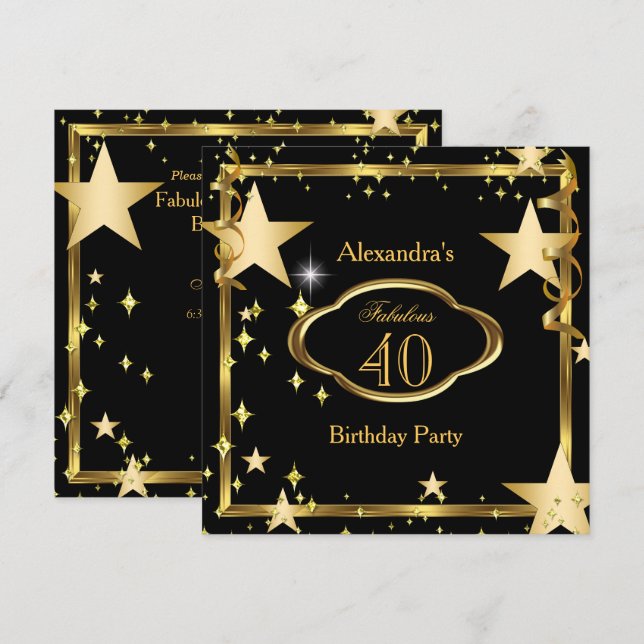 Invitación Fiesta de Cumpleaños Estrellas de Oro Negro Elegan (Anverso / Reverso)