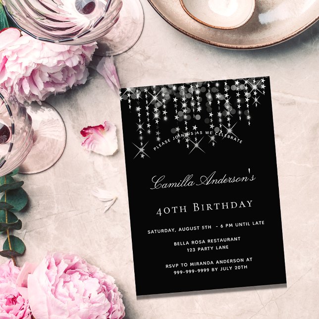 Invitación Fiesta de cumpleaños estrellas de plata negra eleg (Subido por el creador)