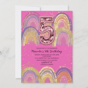 Invitación Fiesta de cumpleaños estrellas doradas y rosadas a