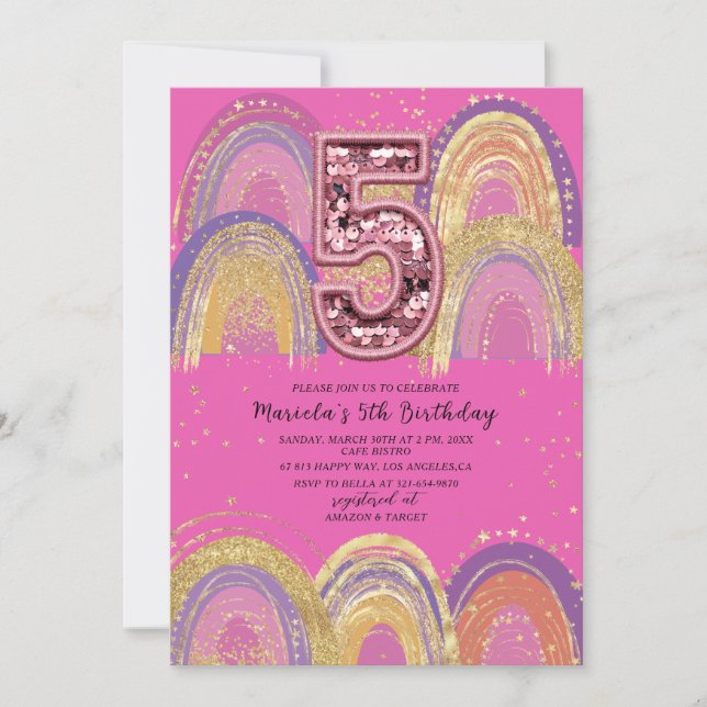Invitación Fiesta de cumpleaños estrellas doradas y rosadas a (Anverso)