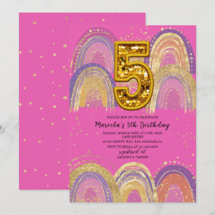 Invitación Fiesta de cumpleaños estrellas doradas y rosadas a