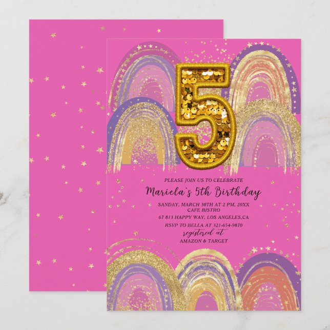 Invitación Fiesta de cumpleaños estrellas doradas y rosadas a (Anverso / Reverso)
