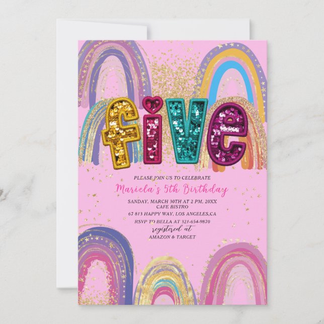 Invitación Fiesta de cumpleaños estrellas doradas y rosadas a (Anverso)