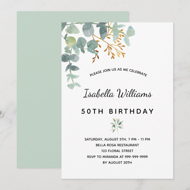 Invitación Fiesta de cumpleaños eucalipto oro blanco verde el (Anverso / Reverso)