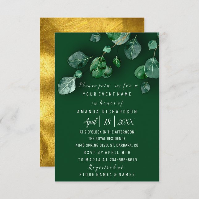Invitación Fiesta de Cumpleaños Eucalipto Verde Bosque Dorado (Anverso / Reverso)