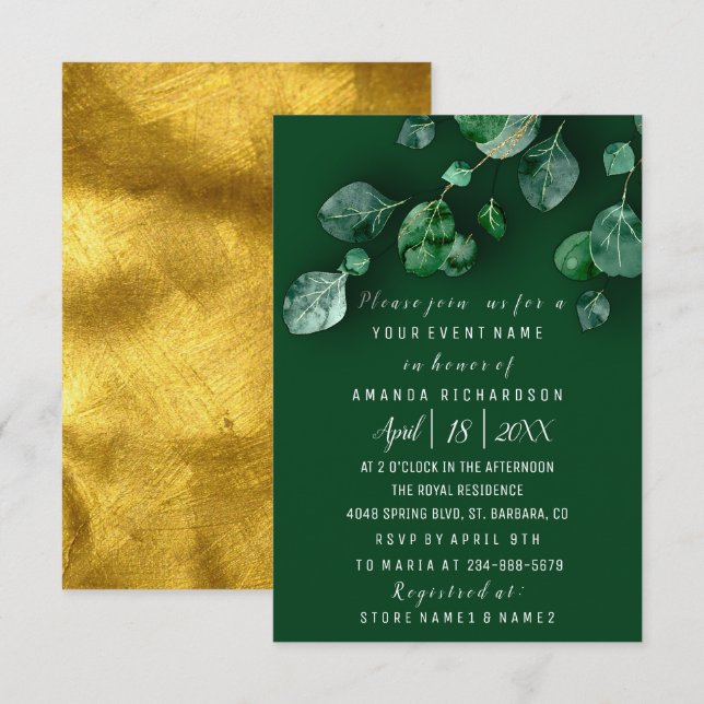 Invitación Fiesta de cumpleaños Eucalyptus Green Gold Woodlan (Anverso / Reverso)