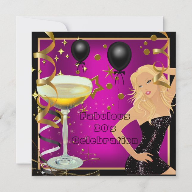 Invitación Fiesta de cumpleaños fabulosa 30 dorado rosa negro (Anverso)