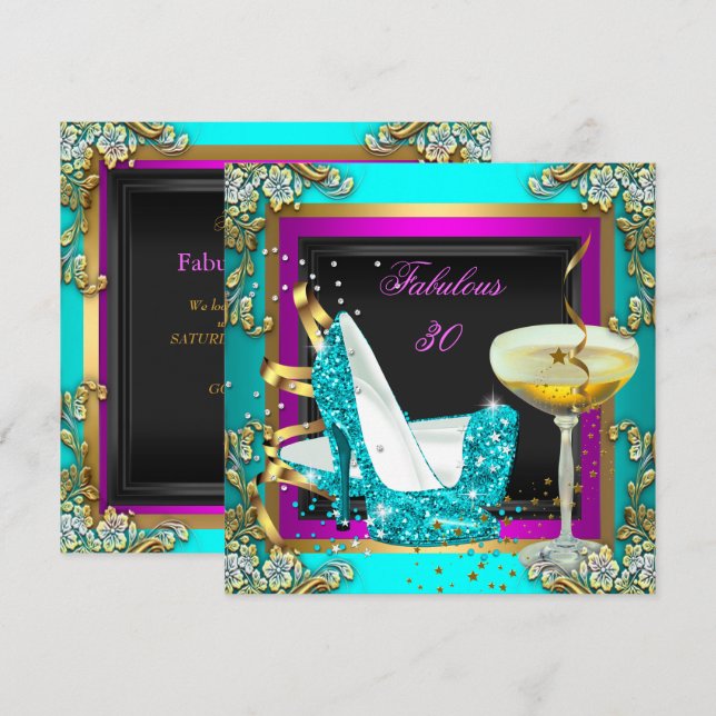 Invitación Fiesta de Cumpleaños Fabulosa 30 Rosa Turquesa Bri (Anverso / Reverso)