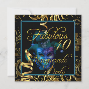 Invitación Fiesta de Cumpleaños Fabulosa 40 Dorada Azul Masqu