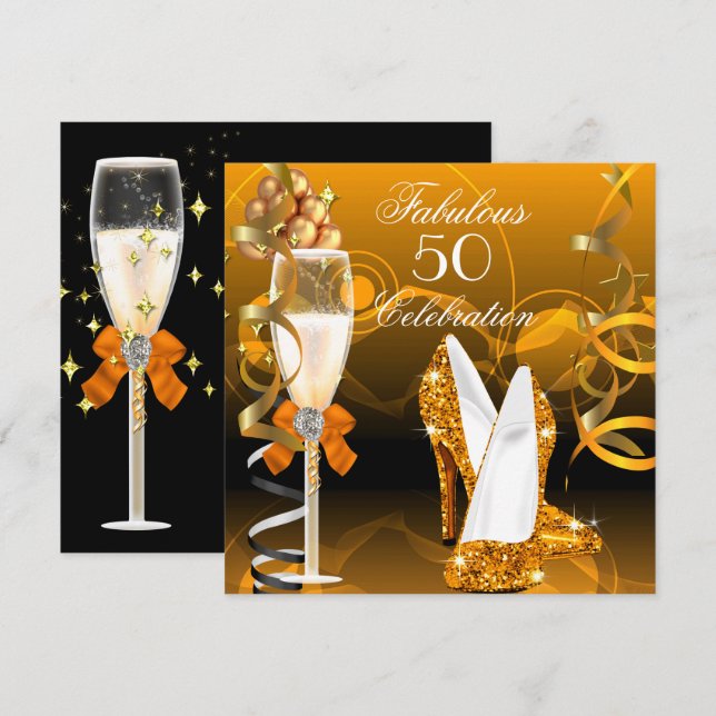 Invitación Fiesta de cumpleaños fabulosa 50 naranja dorada (Anverso / Reverso)