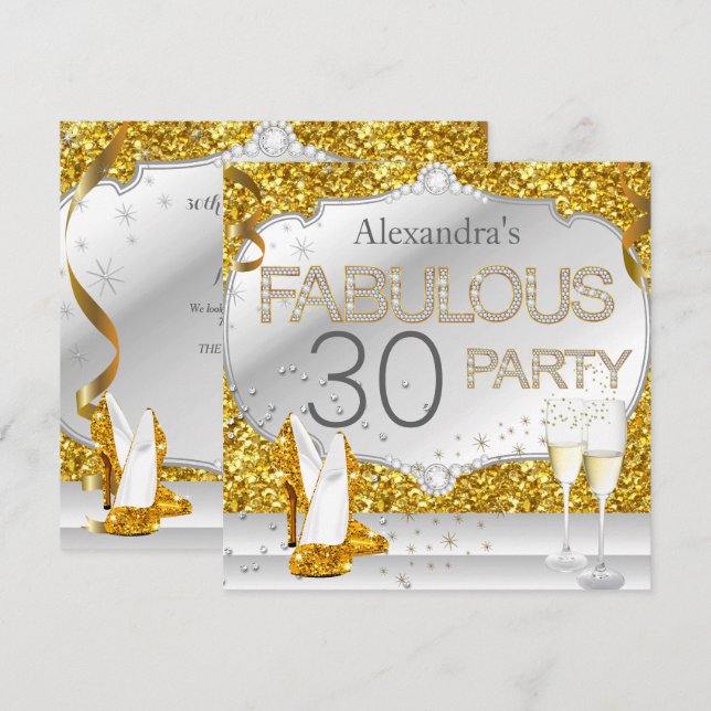 Invitación Fiesta de Cumpleaños Fabulosa con 30 Dorados Brill (Anverso / Reverso)