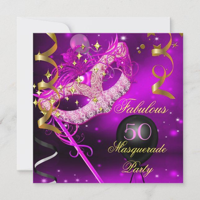 Invitación Fiesta de Cumpleaños Fabulosa con Máscara de Rosa  (Anverso)