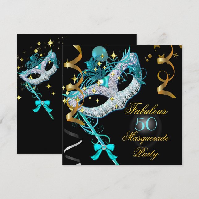 Invitación Fiesta de Cumpleaños Fabulosa con Máscara de Teal  (Anverso / Reverso)