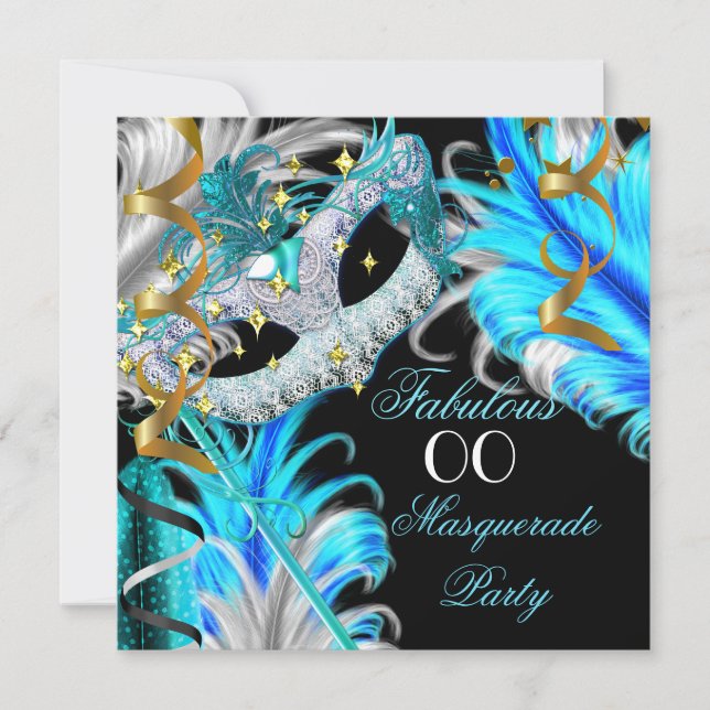 Invitación Fiesta de Cumpleaños Fabulosa con Máscaras de Azul (Anverso)