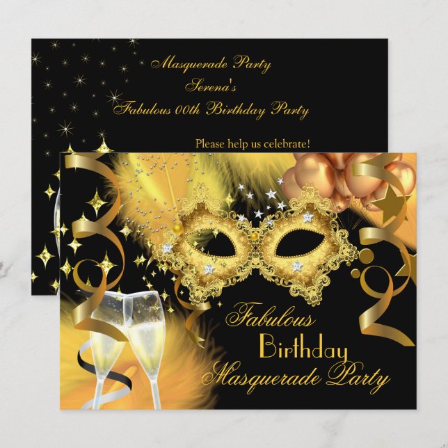 Invitación Fiesta de Cumpleaños Fabulosa de Mascarada de Oro  (Anverso / Reverso)