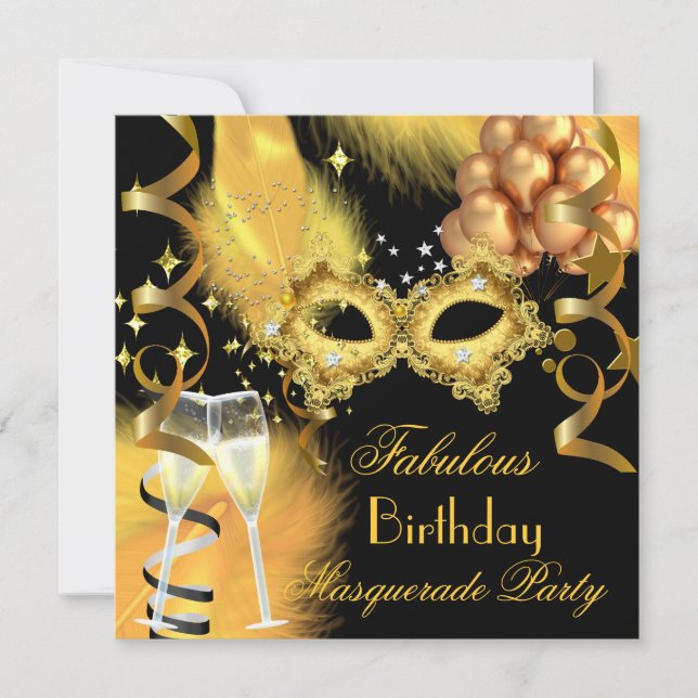 Invitación Fiesta de cumpleaños fabulosa de oro y negro de má (Anverso)