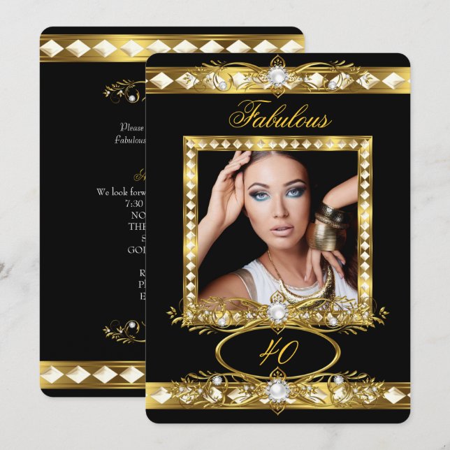 Invitación Fiesta de Cumpleaños Fabulosa Perla Negra Oro Foto (Anverso / Reverso)