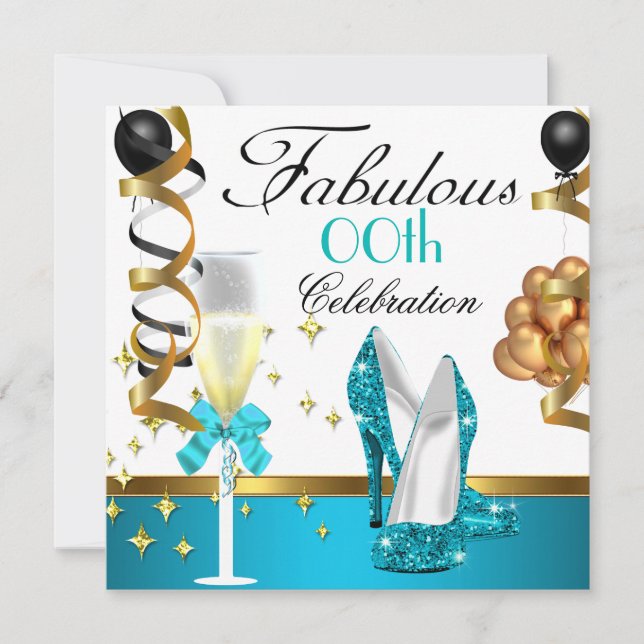 Invitación Fiesta de Cumpleaños Fabulosa Verde Turquesa Negro (Anverso)