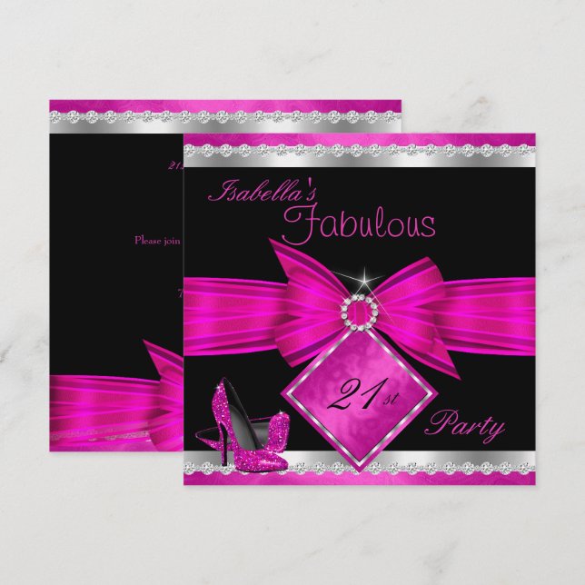 Invitación Fiesta de Cumpleaños Fabuloso 21 Rosa Caliente Neg (Anverso / Reverso)