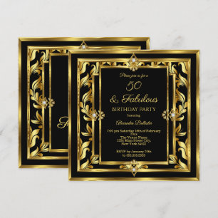 Invitación Fiesta de cumpleaños Fabuloso 50 damasco negro dor