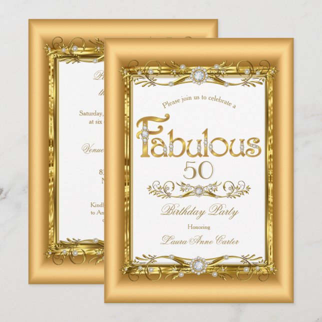 Invitación Fiesta de Cumpleaños Fabuloso con Diamantes de Oro (Anverso / Reverso)