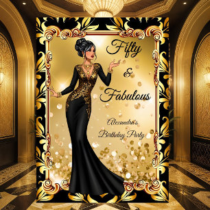 Invitación Fiesta de Cumpleaños Fabuloso Vestido Negro Dorado