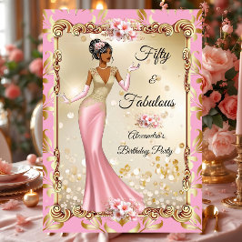 Invitación Fiesta de Cumpleaños Fabuloso Vestido Rosa Dorado 