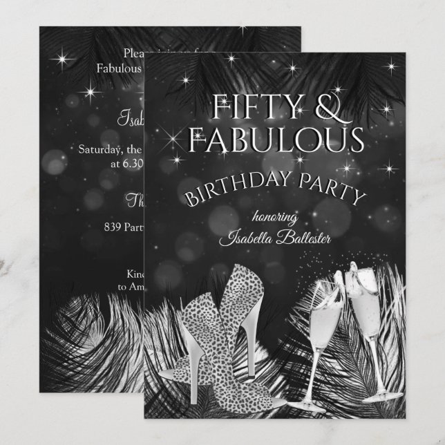 Invitación Fiesta de Cumpleaños Fabulosos 50 Champán Negro Bl (Anverso / Reverso)