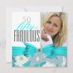 Invitación Fiesta de Cumpleaños Fabulosos 50 Floral Azul Turq