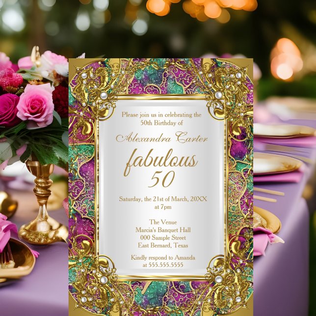 Invitación Fiesta de cumpleaños Fabulosos 50 rosado teal dora (Subido por el creador)