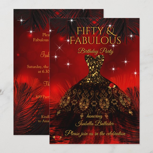 Invitación Fiesta de Cumpleaños Fabulosos 50 Vestido Rojo Neg (Anverso / Reverso)