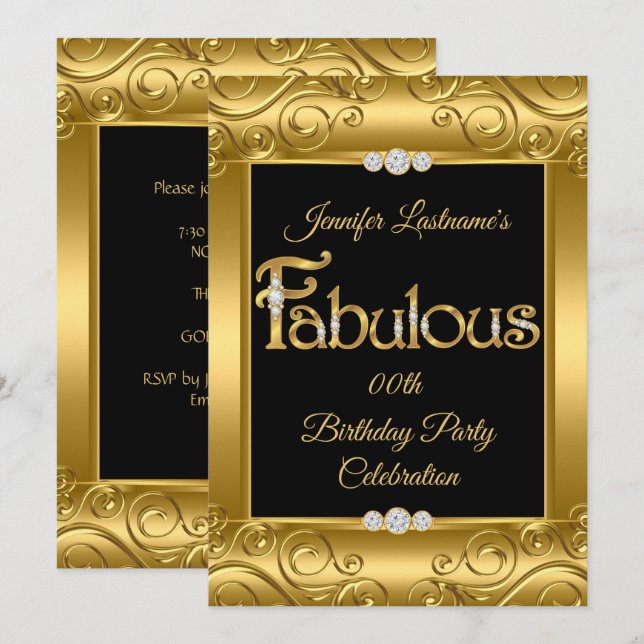 Invitación Fiesta de Cumpleaños Fabuosa de Damasco Dorado con (Anverso / Reverso)