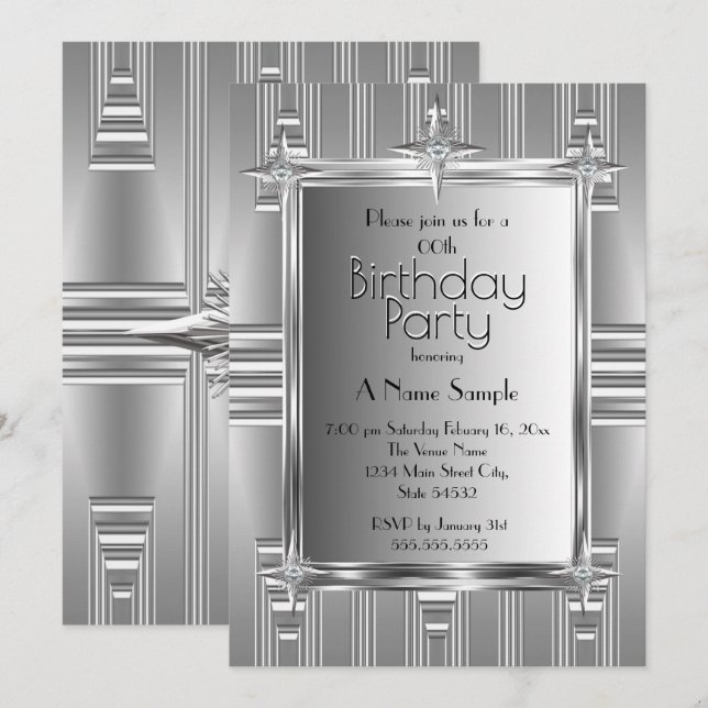 Invitación Fiesta de Cumpleaños Falso Cromo Metal Plateado (Anverso / Reverso)
