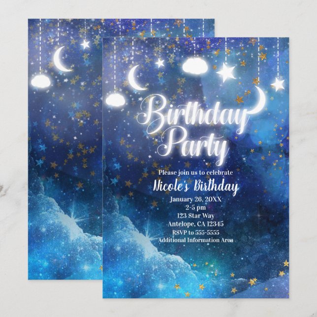 Invitación Fiesta de Cumpleaños Fantasía Celeste con Estrella (Anverso / Reverso)