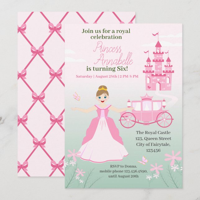 Invitación Fiesta de Cumpleaños Fantasía Princesa Rosa (Anverso / Reverso)