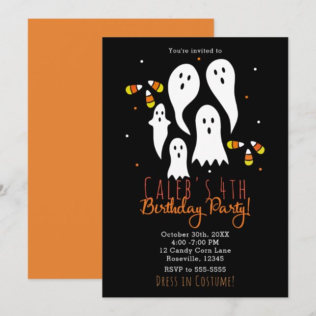 Invitación Fiesta de Cumpleaños Fantasmas de Halloween y Maíz (Anverso / Reverso)