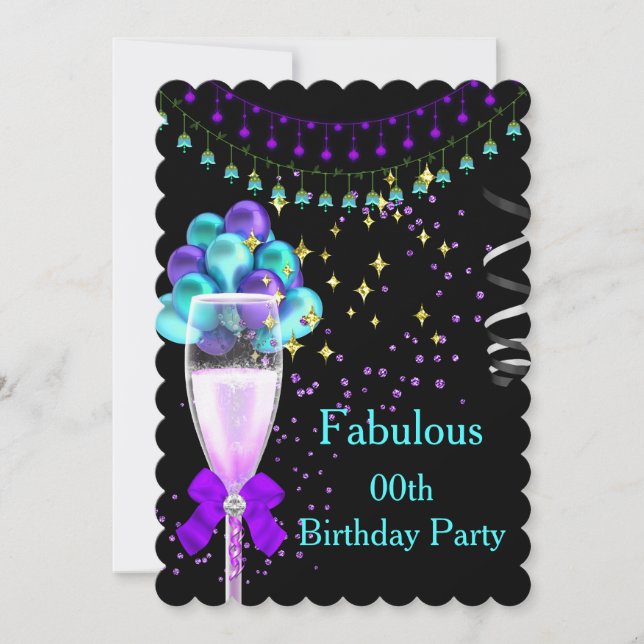 Invitación Fiesta de Cumpleaños Fantástica Champán Purpura Tu (Anverso)