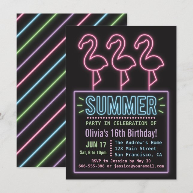 Invitación Fiesta de Cumpleaños Faux Neon Flamingo Verano Die (Anverso / Reverso)