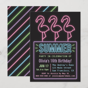 Invitación Fiesta de Cumpleaños Faux Neon Flamingo Verano Die